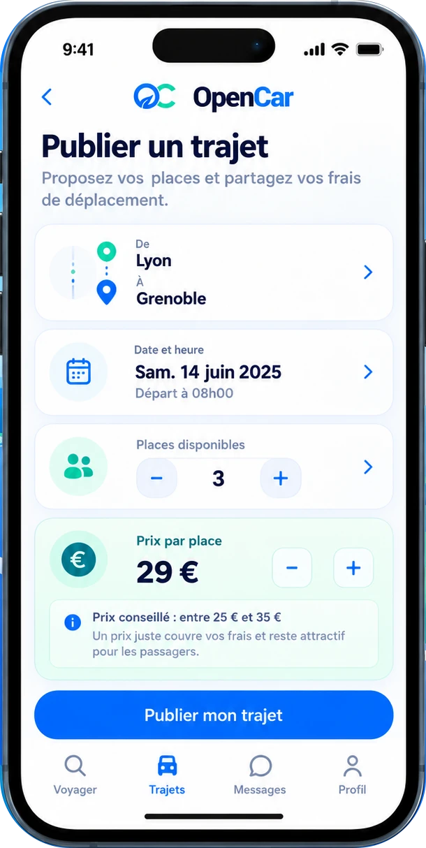 Aperçu du parcours conducteur OpenCar sur un smartphone, sans habillage publicitaire